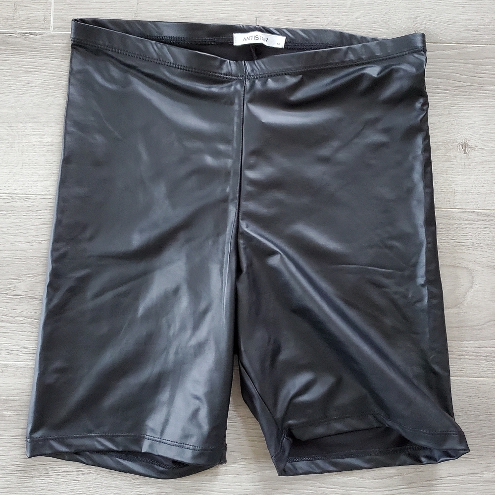 ANTISTAR Black Faux Leather Bike Shorts…